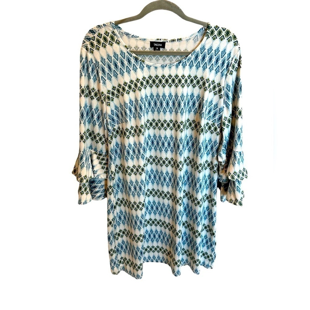 Tacera Blue Green Geometric Print Shift Dress 3/4 Sleeve Size 1X Stretch